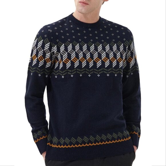Barbour Men's Tursdale Fair Isle Crew Neck Wool Sweater Size XL Navy NEW - Picture 2 of 10